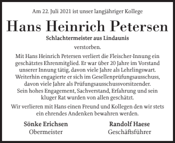 Traueranzeige von Hans Heinrich Petersen von Schleswiger Nachrichten