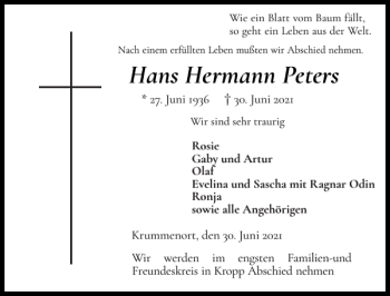 Traueranzeige von Hans Hermann Peters von Landeszeitung