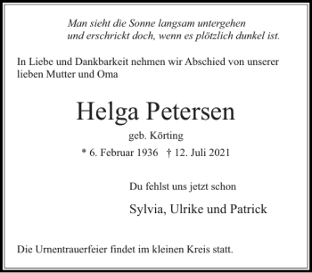 Traueranzeige von Helga Petersen von Stormarner Tageblatt