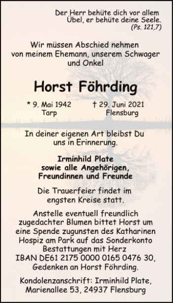 Traueranzeige von Horst Föhrding von Flensburger Tageblatt