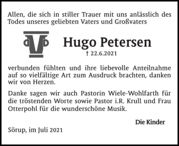 Traueranzeige von Hugo Petersen von Flensburger Tageblatt