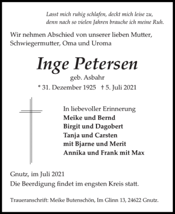 Traueranzeige von Inge Petersen von Landeszeitung