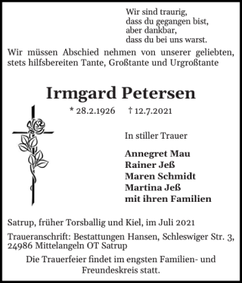 Traueranzeige von Irmgard Petersen von Flensburger Tageblatt
