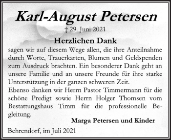 Traueranzeige von Karl-August Petersen von Husumer Nachrichten