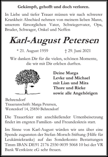 Traueranzeige von Karl-August Petersen von Husumer Nachrichten