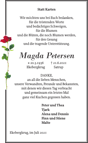 Traueranzeige von Magda Petersen von Flensburger Tageblatt