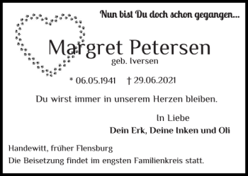 Traueranzeige von Margret Petersen von Flensburger Tageblatt
