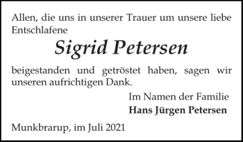 Traueranzeige von Sigrid Petersen von Flensburger Tageblatt