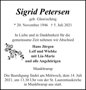 Traueranzeige von Sigrid Petersen von Flensburger Tageblatt