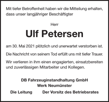 Traueranzeige von Ulf Petersen von Holsteinischer Courier