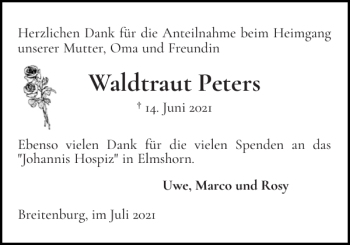 Traueranzeige von Waldtraut Peters von Norddeutsche Rundschau