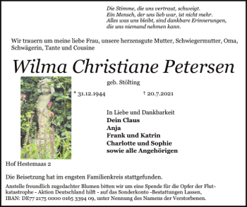 Traueranzeige von Wilma Christiane Petersen von Schlei-Bote