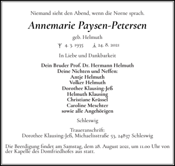 Traueranzeige von Annemarie Paysen-Petersen von Schleswiger Nachrichten