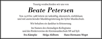 Traueranzeige von Beate Petersen von Sylter Rundschau
