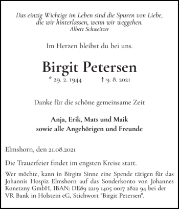 Traueranzeige von Birgit Petersen von Elmshorner Nachrichten