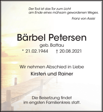 Traueranzeige von Bärbel Petersen von Stormarner Tageblatt