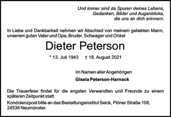 Traueranzeige von Dieter Peterson von Holsteinischer Courier