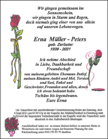 Traueranzeige von Erna Müller-Peters von Flensburger Tageblatt