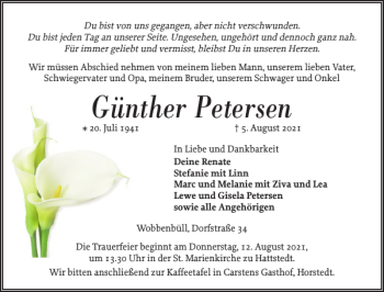 Traueranzeige von Günther Petersen von Husumer Nachrichten