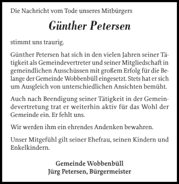 Traueranzeige von Günther Petersen von Husumer Nachrichten