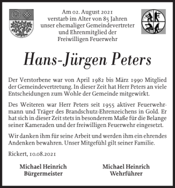 Traueranzeige von Hans-Jürgen Peters von Landeszeitung