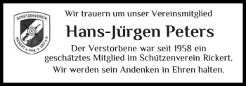 Traueranzeige von Hans-Jürgen Peters von Landeszeitung