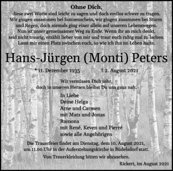 Traueranzeige von Hans-Jürgen Monti Peters von Landeszeitung