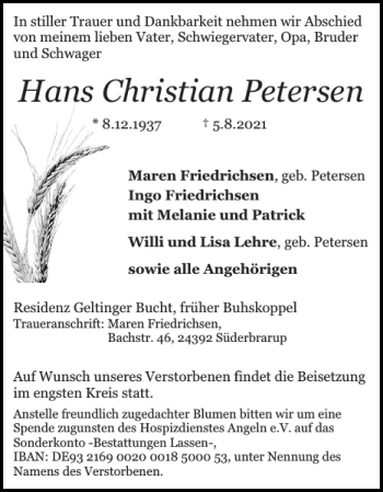 Traueranzeige von Hans Christian Petersen von Schlei-Bote