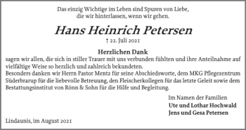 Traueranzeige von Hans Heinrich Petersen von Schleswiger Nachrichten