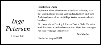 Traueranzeige von Inge Petersen von Landeszeitung