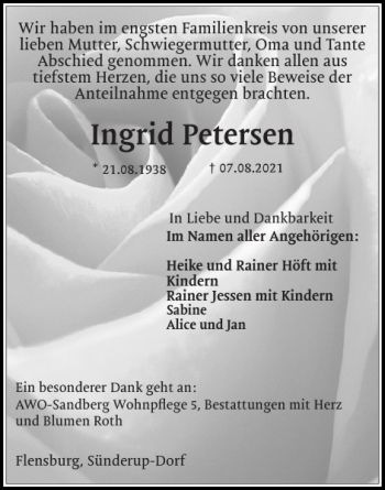Traueranzeige von Ingrid Petersen von Flensburger Tageblatt
