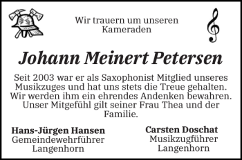 Traueranzeige von Johann Meinert Petersen von Husumer Nachrichten