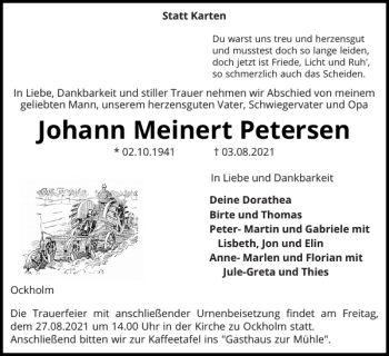 Traueranzeige von Johann Meinert Petersen von Husumer Nachrichten