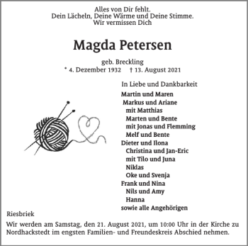 Traueranzeige von Magda Petersen von Flensburger Tageblatt