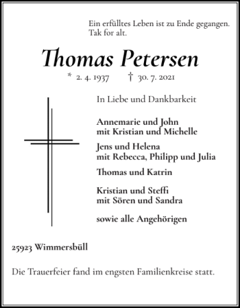 Traueranzeige von Thomas Petersen von Nordfriesland Tageblatt