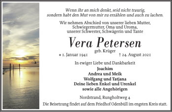 Traueranzeige von Vera Petersen von Husumer Nachrichten
