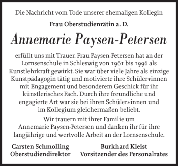 Traueranzeige von Annemarie Paysen-Petersen von Schleswiger Nachrichten