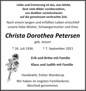 Traueranzeige von Christa Dorothea Petersen von Flensburger Tageblatt
