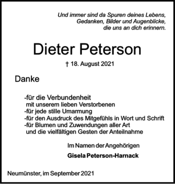 Traueranzeige von Dieter Peterson von Holsteinischer Courier