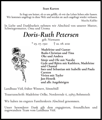 Traueranzeige von Doris-Ruth Petersen von Flensburger Tageblatt