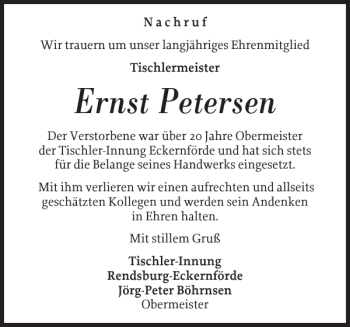 Traueranzeige von Ernst Petersen von Eckernförder Zeitung