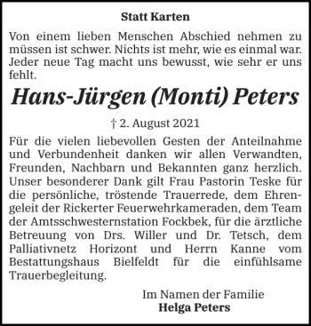 Traueranzeige von Hans-Jürgen Monti Peters von Landeszeitung