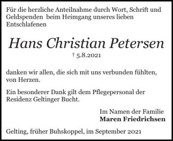 Traueranzeige von Hans Christian Petersen von Flensburger Tageblatt
