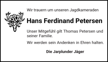 Traueranzeige von Hans Ferdinand Petersen von Flensburger Tageblatt
