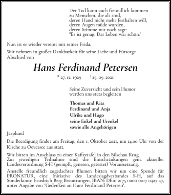 Traueranzeige von Hans Ferdinand Petersen von Flensburger Tageblatt