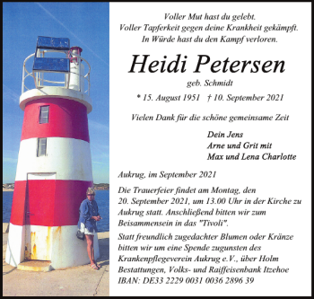 Traueranzeige von Heidi Petersen von Holsteinischer Courier