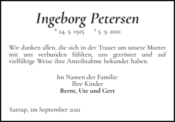Traueranzeige von Ingeborg Petersen von Flensburger Tageblatt