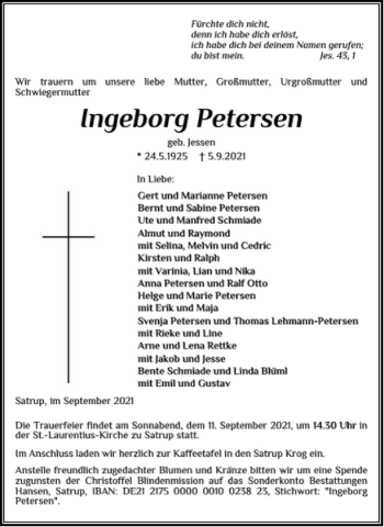 Traueranzeige von Ingeborg Petersen von Flensburger Tageblatt