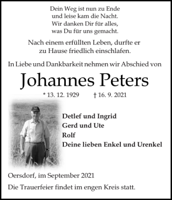 Traueranzeige von Johannes Peters von Landeszeitung