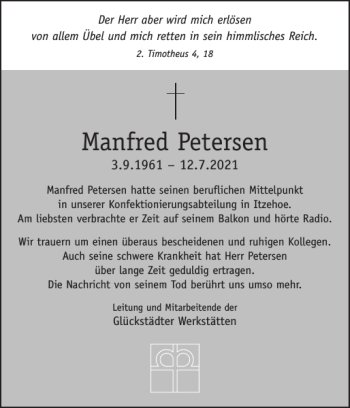 Traueranzeige von Manfred Petersen von Norddeutsche Rundschau